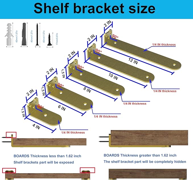 Heavy Duty Shelf Bracket, (1/4 in Thick) 12 Inch Shelf Bracket,Hidden Shelf Brackets,Floating Shelf Brackets 4 Pack,Suitable for Kitchen, Study and DIY Occasions，Holds Over 180lb+(12IN Gold)