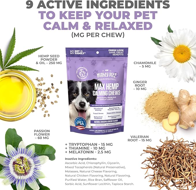Mighty Petz MAX Hemp Calming Chews for Dogs - Dog Anxiety Relief with Melatonin + Hemp Oil. Dog Calming Treats, Calming Dog Chews, Advanced Pet Composure and Sleep Support