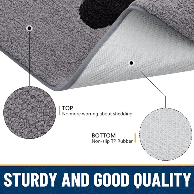 Smiry Dog Door Mat for Muddy Paws, Absorbs Moisture and Dirt, Low-Profile Entryway Mat with Non-Slip Backing, Entry Indoor Outdoor Doormat for Inside Floor (30x20 Inches, Grey, Paw)