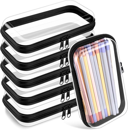 Sanwuta 6 Pcs Clear Hard Zipper Case Plastic Zipper Pouches Transparent Makeup Bag Pencil Case Pouches Toiletry Diaper Bag for Travel Toy Storage Organizer Bins(Black,7.48 x 3.94 x 2 Inch)