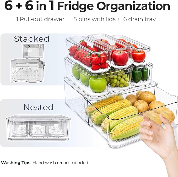 SMRCAD Refrigerator Organizers and Storage, 6 Pack with 1 Pull-Out Drawer and 5 Lidded Bins, Fruit Storage Containers for Fridge with Drain Trays, Helps Keep Produce Fresh