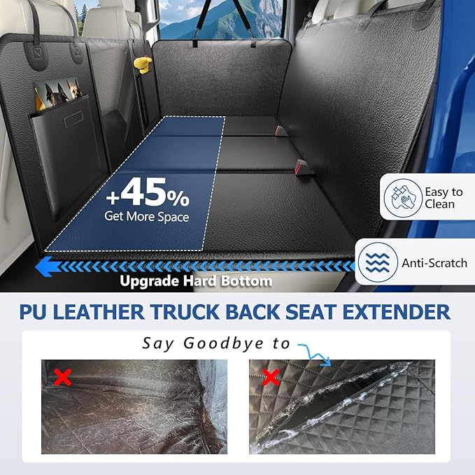 XL Truck Back Seat Extender for Dogs, Upgraded Anti-Scratch PU Leather, Dog Car Seat Cover for Back Seat with Hard Bottom, Pet Seat Covers for Trucks, Waterproof Dog Hammock for Crew Cab Truck