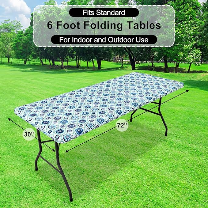 misaya Rectangle Vinyl Tablecloth, Fitted Table Cover, 100% Waterproof, Elastic Edge, Flannel Backing, Table Cloth Fit 6 Foot Folding Tables for Picnic, Outdoor (Navy Mandala, 30x72 inch)