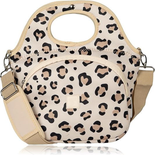 Made Easy Kit Large Insulated Lunch Tote Bag – Stylish Neoprene Carrier Foil Lining, Front Zipper Pocket & Shoulder Strap – Machine Washable, Lightweight, Travel Ready (Cheetah)
