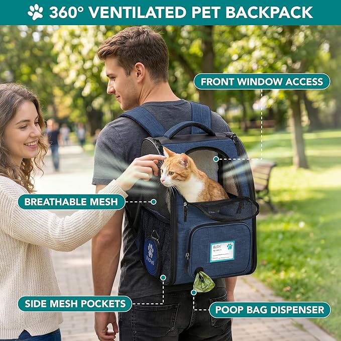 PetAmi Expandable Dog Backpack Carrier for Cats & Pets, Breathable Cat Carrier Backpack with Top Window & Multi-Entry, Ventilated Foldable Travel Carrier for Small Medium Pets up to 18 lbs, Navy