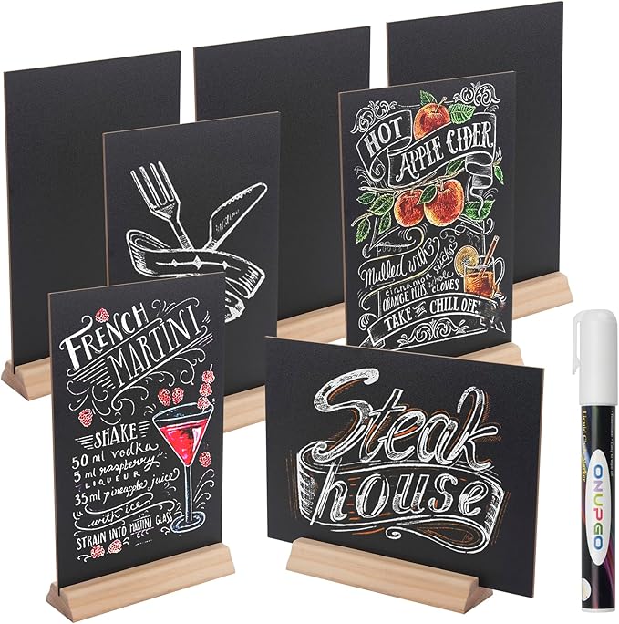 Mini Chalkboard Signs With Base Stands, Set of 6 Double Side 6 x 9 Inch Vintage Wooden Tabletop Chalkboard - Decorative Mini Table Signs Small Message Chalk Board