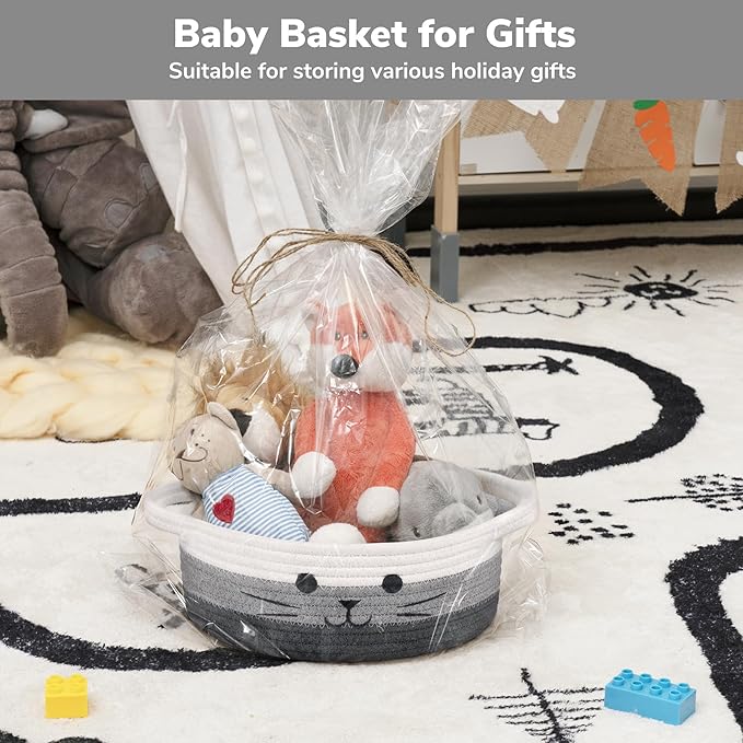 Cute Cat Toy Basket, Small Woven Basket for Organizing Living Room, Decorative Gift Baskets for Baby Shower, Pet Toys Storage, Mixed & Gray, 9.8 x 4 inches