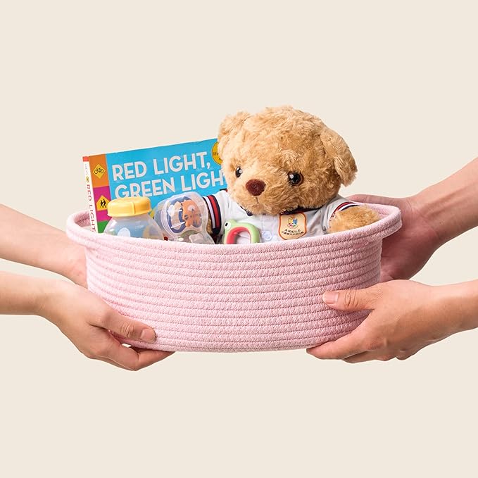 Small Woven Gift Basket Empty with Bag & Ribbon - Gifts for Mom, Baby Shower, Birthdays & Raffle - Cotton Rope Storage Basket for Dog Toys or Shelf - 12"x8"x5", Pink, 2 Packs