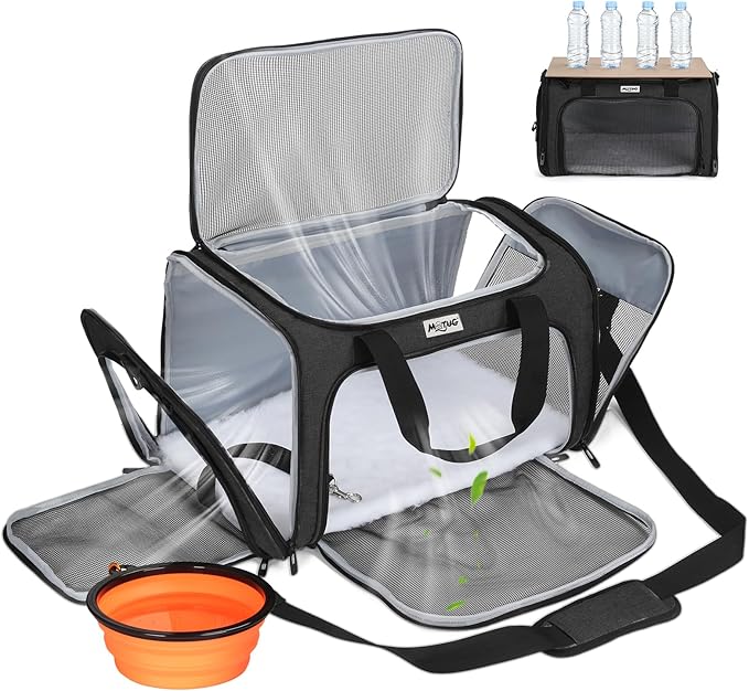 Pet Carrier for Cats & Small Dogs, Travel Carrier with Anti-Collapse Support, Chew Resistant Buckles, Luggage Sleeve, Multi-Pocket Storage, Reversible Mat & Bowl (Black, Medium (17.5"x11"x11.5"))