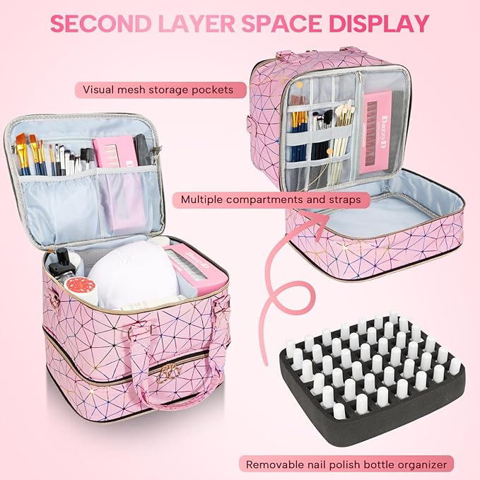 Nail Polish Organizer Bag Holds 84 Bottles & Nail Lamp, 3 Layers Nail Kit Storage Carrying Case Pu Leather, Large Nail Supplies Organizer With Shoulder Strap, Portable Travel Nail Bag,Pink