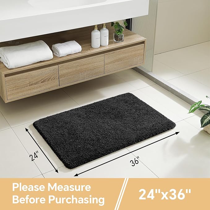 Black Bathroom Rug 24"x36" - Fluffy Microfiber Bath Mat, Non Slip and Absorbent Bathroom Floor Mat, Machine Washable Plush Rug - Ideal for Tub, Cabinet or Washroom