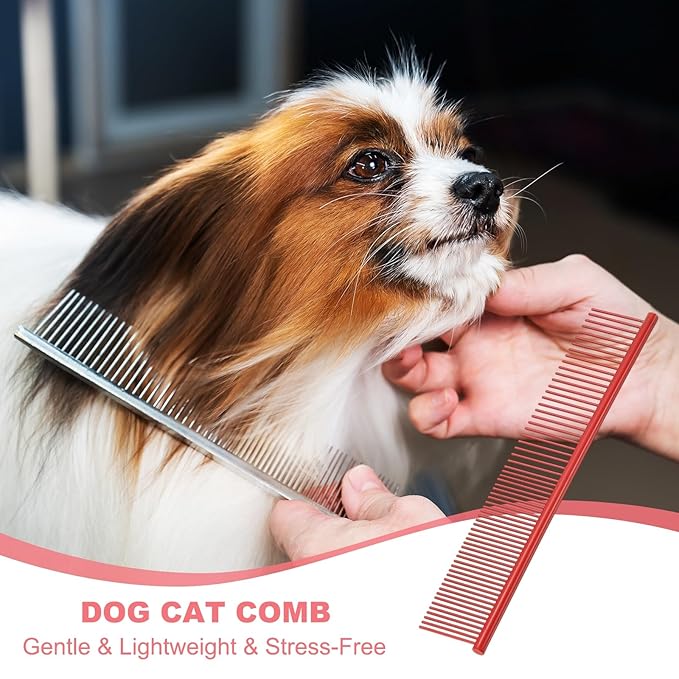 PETAXCELL Dog Cat Comb, Pet Combs Stainless Steel Teeth with Rounded Ends for Knots Mats Loose Hair Removal, 6.5/7.5IN (Red Coated, 2 Pack), Grooming Tool Intended for Long Curly Hair Pet