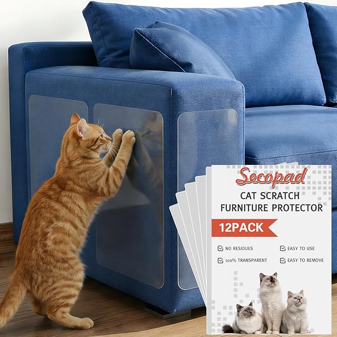 12 PCS Large Cat Scratch Furniture Protector, Transparent Couch Protector from Cat Claws, Single-Sided Self Adhesive Anti Pet Deterrent Sofa Cover, 17IN