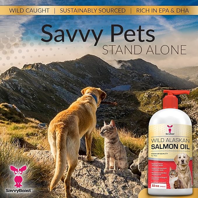 SavvyBeast Wild Alaskan Salmon Oil for Dogs, Cats & Ferrets – Omega-3 Fish Oil Pet Supplement with EPA & DHA – Supports Skin, Coat, Joints, Heart, Brain, Itch Relief & Immune – Unscented – 32 oz