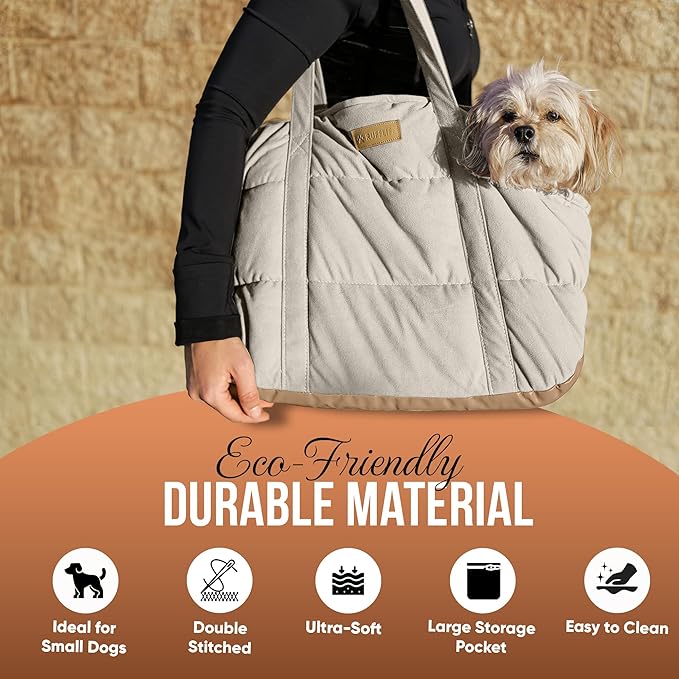 NoblePup Plush Dog Purse Carrier for Small Dogs, Soft Dog Tote Bag with Safety Harness Clip, Cozy Pet Carrier for Dogs Under 15 lbs, Comfortable Dog Shoulder Carrier for Travel, White