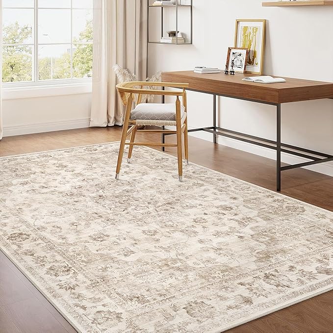 4x6 Washable Neutral Area Rug Beige Vintage Entryway Office Carpet Non-Slip Soft Low Pile Farmhouse Indoor Throw Rug for Living Room Bathroom Dining Room