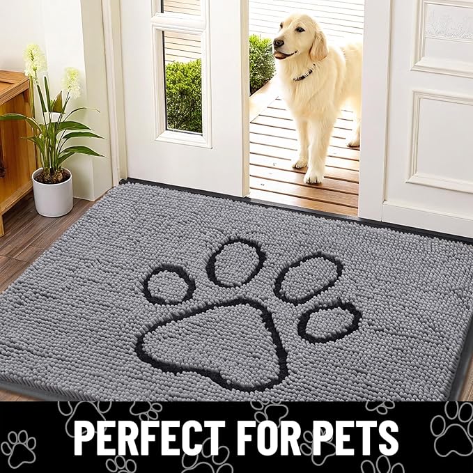 Smiry Dog Door Mat for Muddy Paws, Absorbent Dirt Trapper Non Slip Quick Dry Washable Chenille Mat for Mud Dogs, Entry Rug for Indoor and Outdoor (34x21 Inches, Grey and Black)