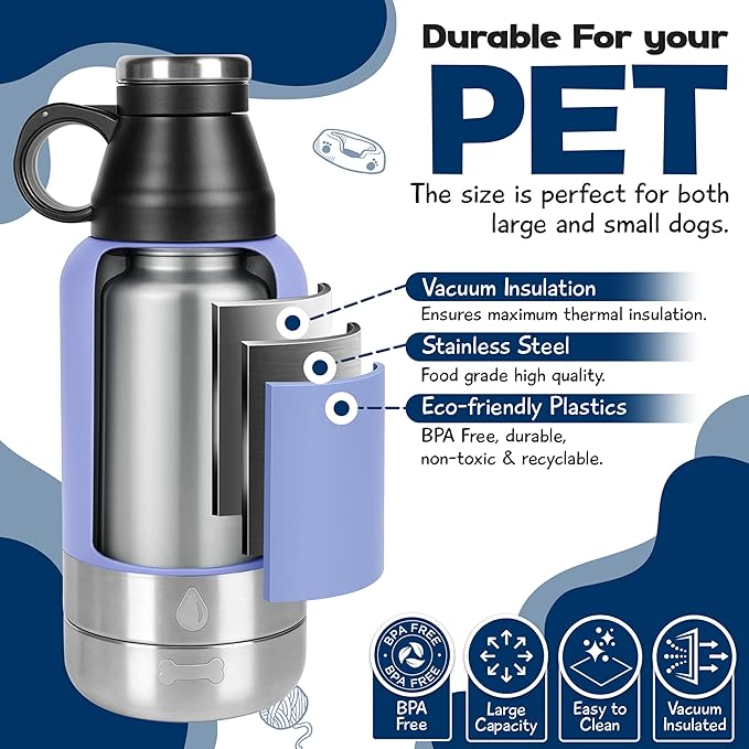 Stainless Steel Insulated Water Bottle with 2 Removable Water Bowls for Dogs – Leak-Proof Portable Dog Water Bottle - Travel Accessories for Dogs - 32oz - Lavender