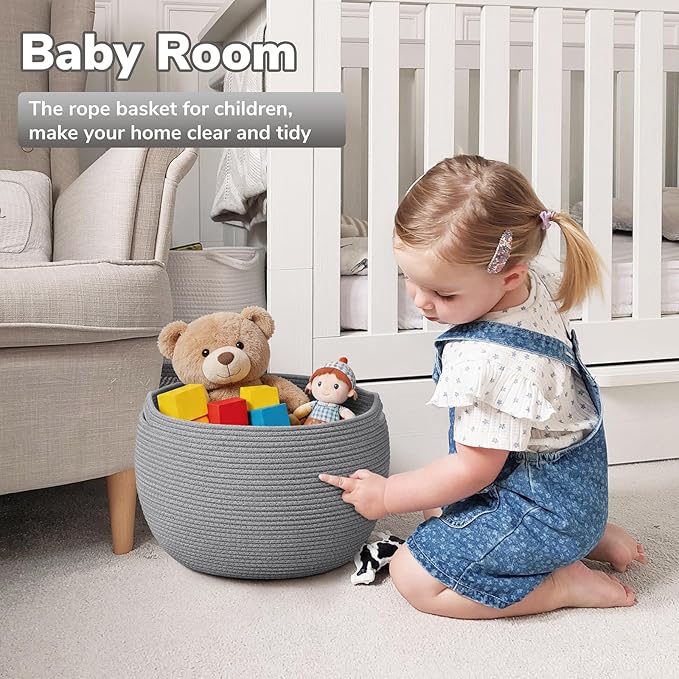 Goodpick Large Toy Storage for Kids, Woven Storage Basket for Nursery Living Room, Decorative Basket for Baby Boy Gifts, Gray, 15.7"D x 10.5"H