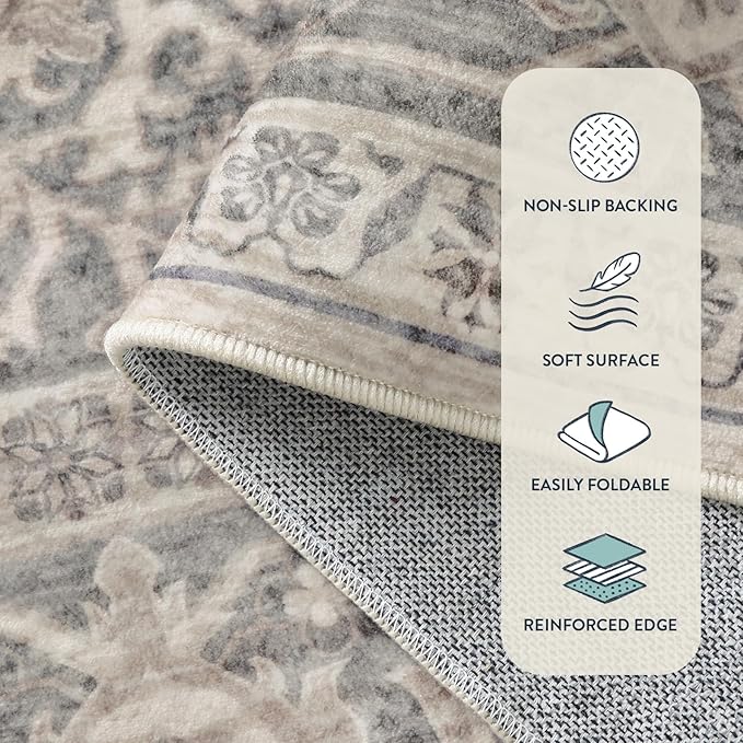 Lahome Oriental Washable Runner Rug Non Slip, 2x7 Rug Runners for Hallways Kitchen, Ultra-Thin Hallway Rugs for Laundry Room Bathroom Bedroom Eleanor, Grey/Brown