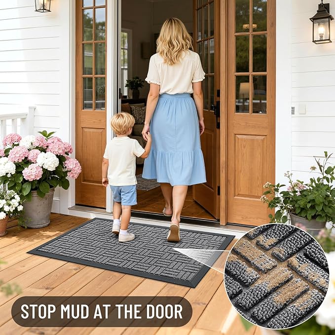 OLANLY Front Door Mat Outside Entrance 59x23, Absorbent, Heavy Duty Sturdy Natural Rubber Doormat Indoor Outdoor, Stain and Fade Resistant, Non-Slip Backing Low Profile Floor Mat for Entryway, Grey