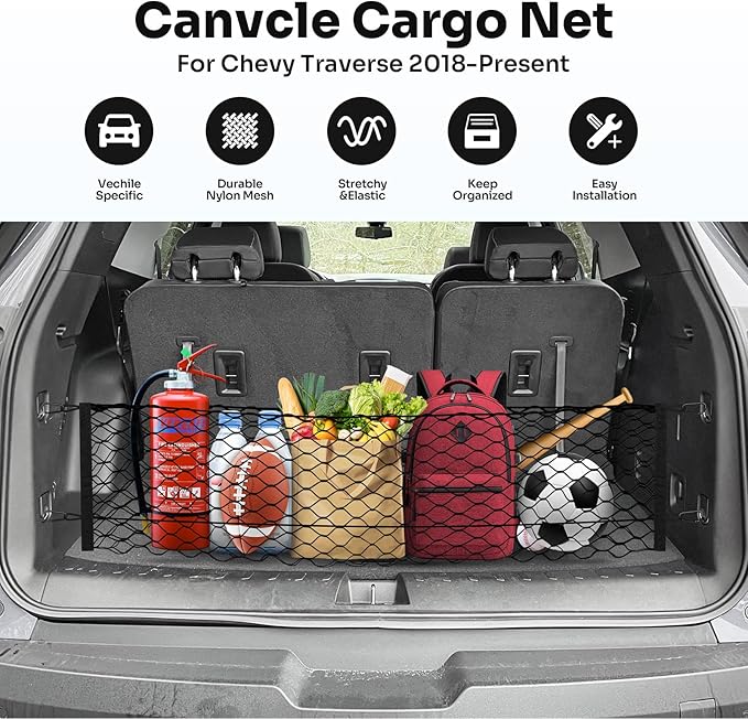 Trunk Cargo Net for 2018-2025 2026 Chevrolet/Chevy Traverse Accessories Envelope Style Mesh Trunk Net Organizer and Storage Stretchable Adjustable Elastic Nylon Rear Cargo Netting with Hooks