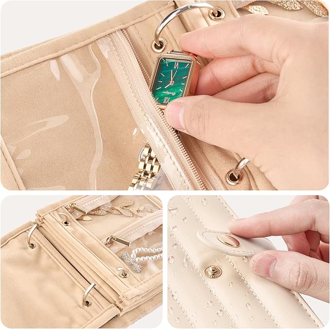 Lolalet Travel Jewelry Organizer Case, Portable Jewlery Storage Book Portfolio Binder with Zipper Velvet Pouch for Women -Beige, Small