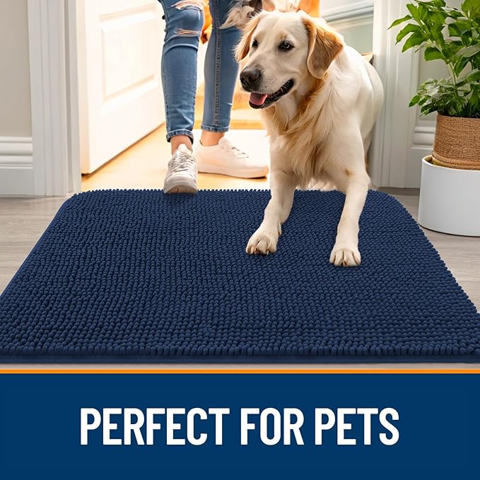 OLANLY Dog Door Mat for Muddy Paws 40x24, Absorbs Moisture and Dirt, Absorbent Non-Slip Washable Doormat, Quick Dry Chenille Mud Mat for Dogs, Entry Indoor Entryway Carpet for Inside Floor, Dark Blue