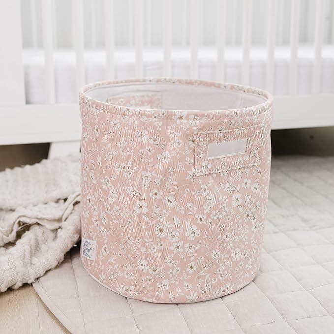 Sorrel + Fern Nursery Storage Basket (Fleurette), Soft Collapsible Fabric Toy Bin, Floral-Inspired Organizer for Playroom or Nursery, Gender-Neutral Decor, 13 × 13 Inches