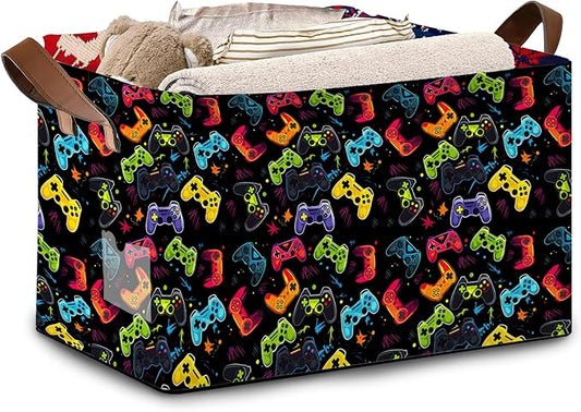 Game Controller Storage Basket Large 17x11.5x10.5 Inche-Collapsible Fabric Organizer Bin with Handles for Gaming Room, Toys, Electronics-Foldable Decorative Hamper with Video Game Design-Single Pack