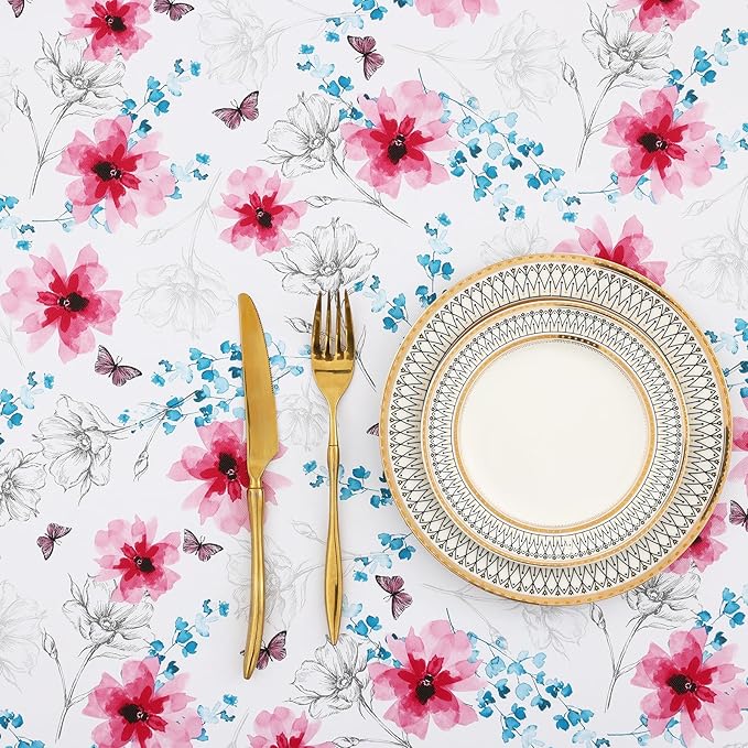misaya Rectangle Waterproof Vinyl Table Cloth, Wipeable Tablecloth with Flannel Backing, Plastic Table Cover for Dinner, Picnic, Indoor and Outdoor (Sketched Flower, 52" x 70")