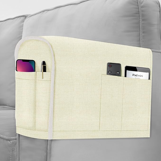 Joywell Armrest Covers for Living Room Anti-Slip Sofa Arm Protector for Dogs, Cats, Pets Linen Armchair Slipcover for Recliner with 4 Pockets for TV Remote Control, Phone, Set of 2, Beige White