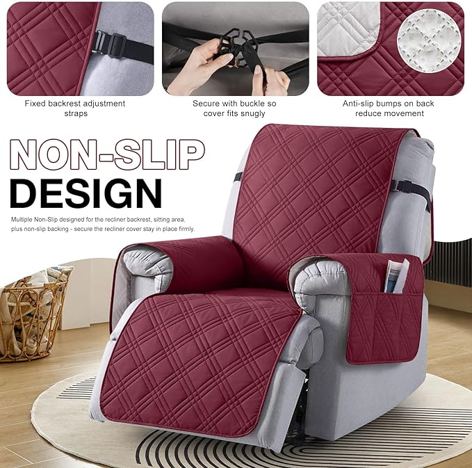 TAOCOCO 100% Waterproof Recliner Chair Covers, Non Slip Recliner Covers for Recliner Chair with Pocket, Washable Reclining Chair Cover Furniture Protector for Kids,Dogs(25'', Wine)