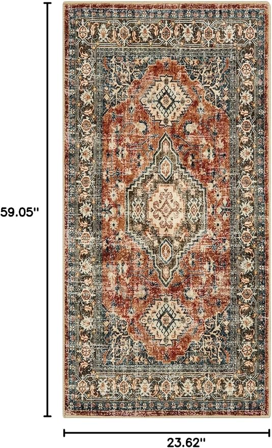 Lahome Oriental Kitchen Runner Rug Non Slip, 2x5 Washable Hallway Runner with Rubber Backing, Vintage Hallway Rug Ultra-Thin Soft Carpet for Bedroom Bathroom Eleanor, Brick Red