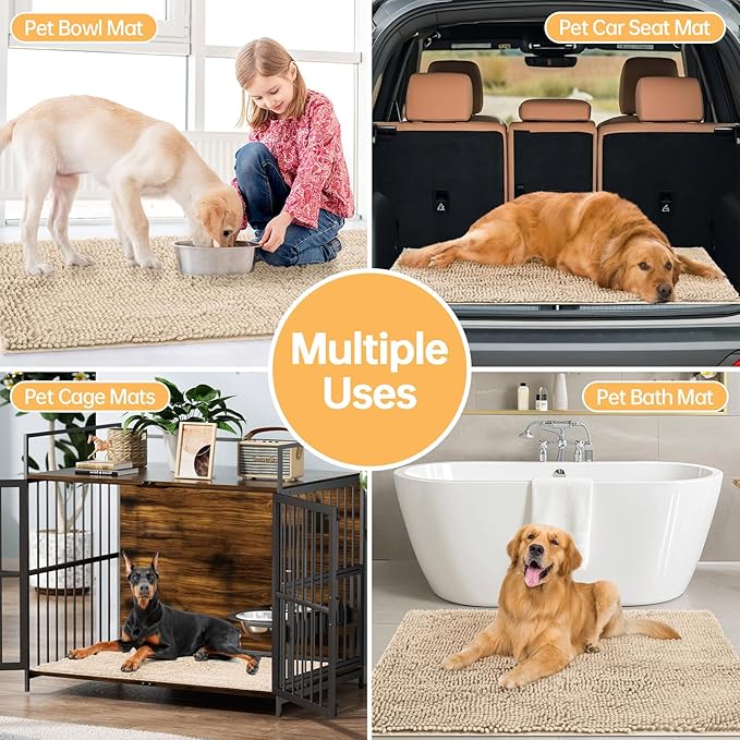 Absorbent Dog Door Mat for Muddy Paws, 120" x 36" Chenille Indoor Mats for Entryway, Trap Dirt Front Door Mat Indoor Entrance Washable Non Slip Soft Beige