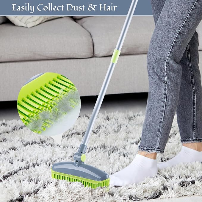 180°Rotating Rubber Broom with Squeegee for Pet Hair Removal - 50" Iron Handle Fur Remover Rake Brush for Carpet, Hardwood & Tile Floors, Includes Pet Hair Removal Gloves (Green)