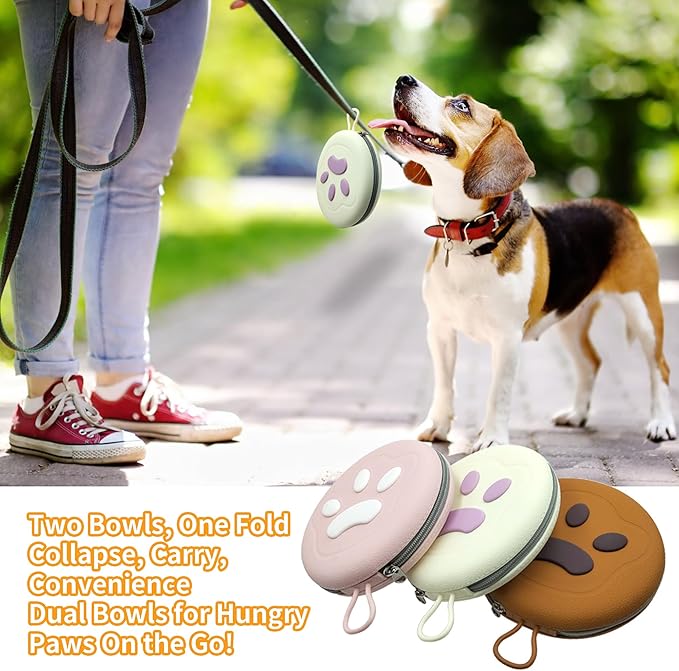 Collapsible Dog Bowls, 2-in-1 Pet Portable Travel Double Bowl Water Food Feeder Traveling Camping & Walking 25oz Pink
