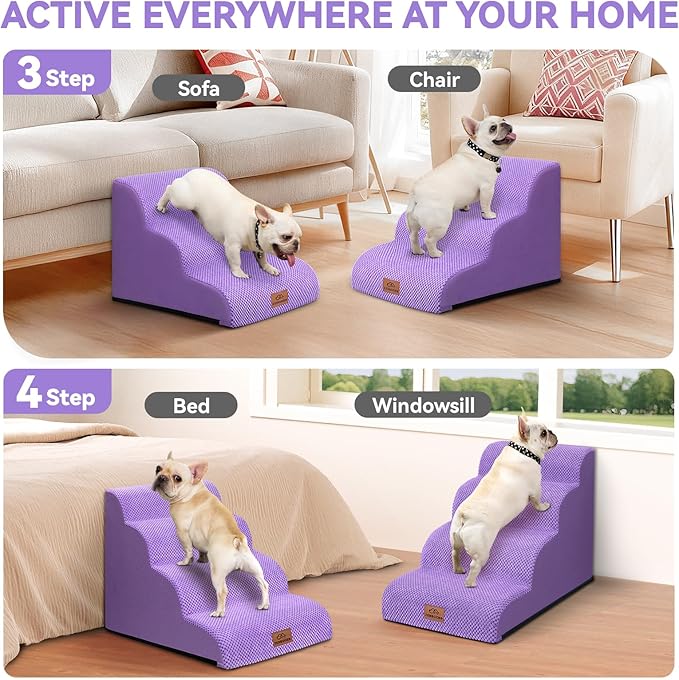 Zerbuger Dog Ramp and Stair for Bed 16" H-20 H,3-Step Cat Stair for Sofa and Chair,4-Step Dog Ramp for High Bed and Window,Durable Nonslip Fabric Stair for Indoor (Purple-16 H, Pet Friendly, 3)