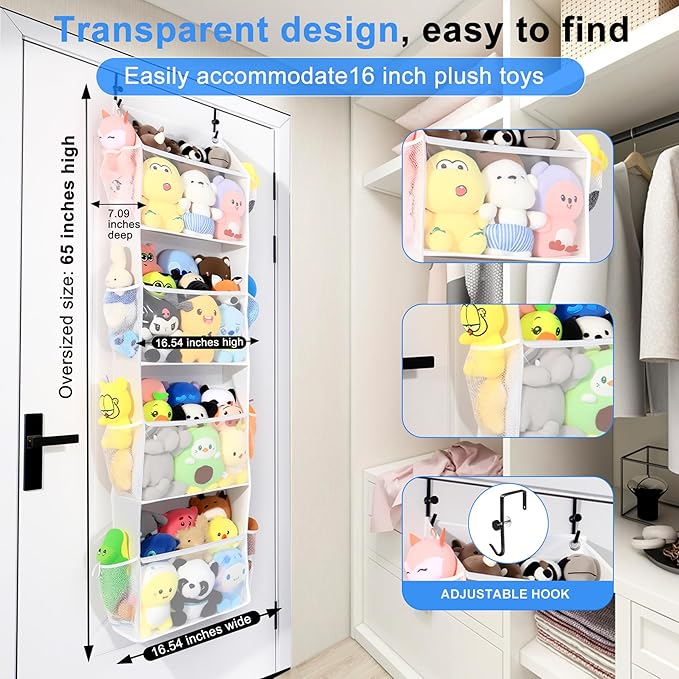 Toread Over the Door Stuffed Animal Storage, Holds Up To 75 lbs, Easy View Over The Door Storage, Versatile For Stuffed Animal, ideal for Storing Small To Medium Items On Any Door.(White)