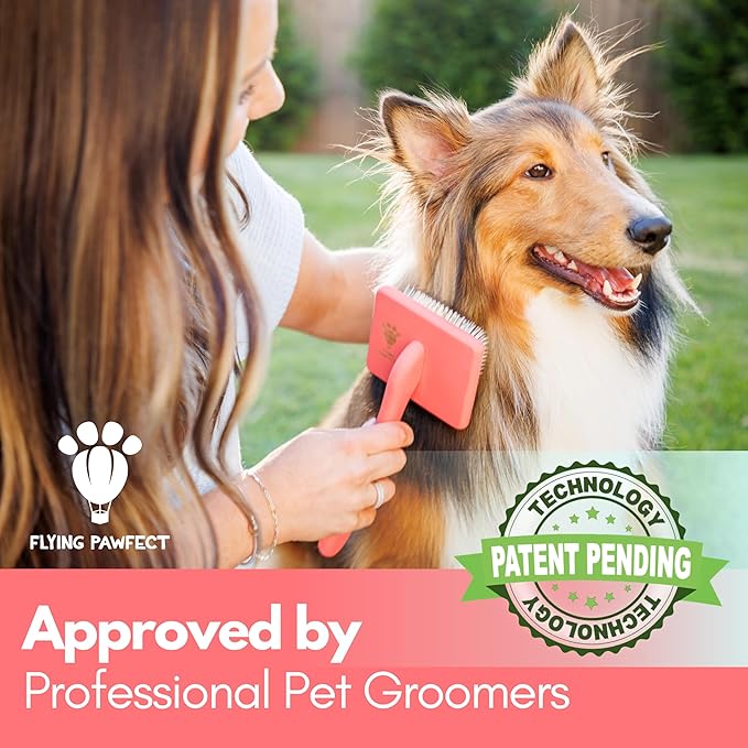 Pet Slicker Brush With Soft Massage Grooming Stainless Steel Pins - For Dematting, Shedding Fur, and Undercoat - Ideal Gift for Professional Pet Groomers - Long Slicker Brush (Coral, Flat Small)