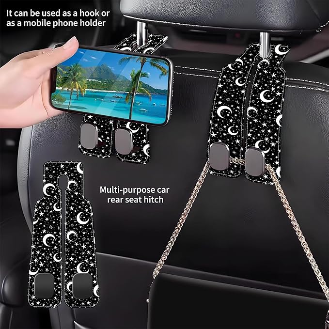 AEWNUNK 1 Pack Car Seat Headrest Hooks for Purses and Bags White Stars and Moons Bag Purse Holder for Car with Double Metal Hooks Car Purse Hanger Hanging Accessories