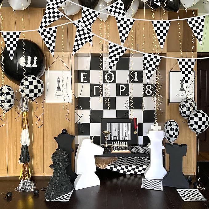 BEISHIDA 100ft 48pcs Black white Checkered Racing Pennant Flags Banner,Reusable Bunting String Triangle Flags,Race Car Theme Party Decoration,Kids Birthday,Indoor and Outdoor Events