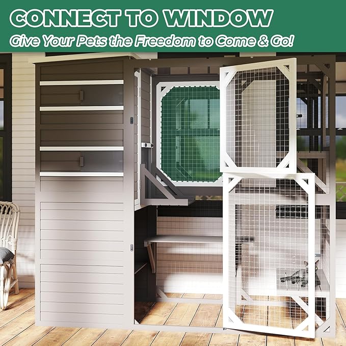 71" H Large Catio Outdoor Cat Enclosure, Walk-in Catio Cat Patio Weatherproof Attached Window for Multiple Cats, Semi-Enclosed Kitty Condo Enclosure Outside with Asphalt and UV Protection Roofs