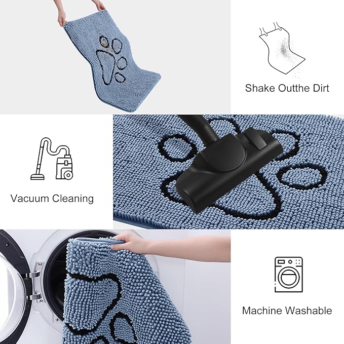 Smiry Dog Door Mat for Muddy Paws, Absorbent Dirt Trapper Non Slip Quick Dry Washable Chenille Mat for Mud Dogs, Entry Rug for Indoor and Outdoor (70x24 Inches, Airy Blue and Black)