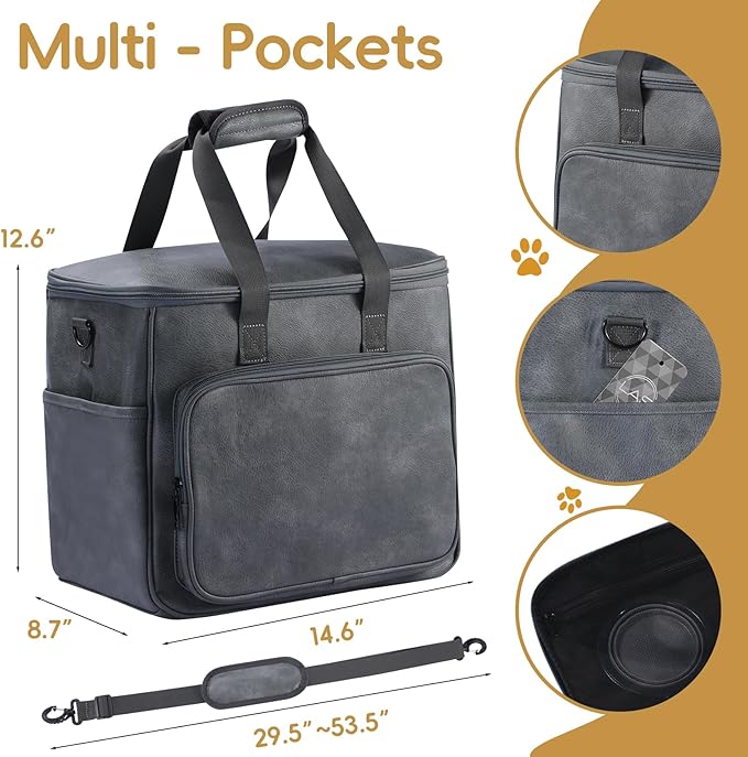 Lasaviin Dog Travel Bag, Leather Travel Pet Bag Set for Dog and Cat, Airline Approved Tote Organizer with Multi-Function Pockets, 2 Food Storage Containers, 2 Collapsible Bowls