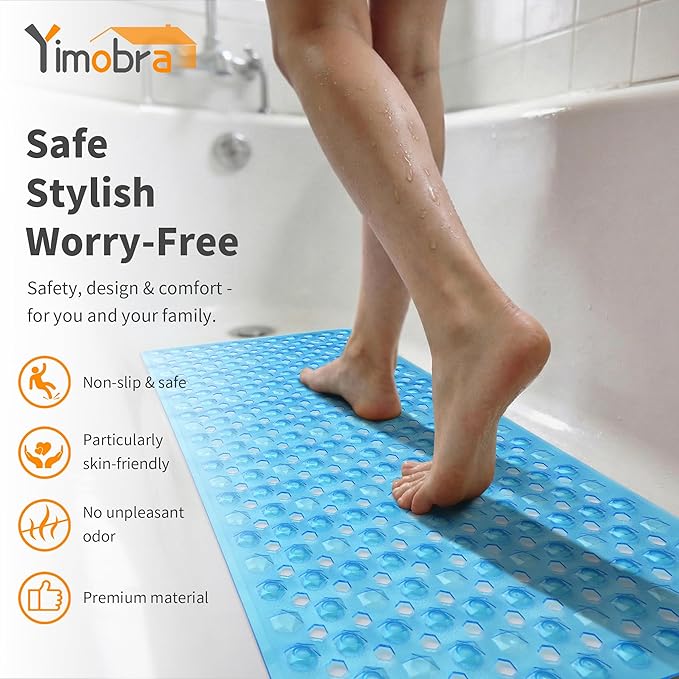 Yimobra Bathtub Mat Non Slip, 27.5"x15.5" Machine Washable Shower Floor Mat, Soft on Feet, Bathmat with Drain Holes and Suction Cups, Bathroom Essentials, Clear Blue