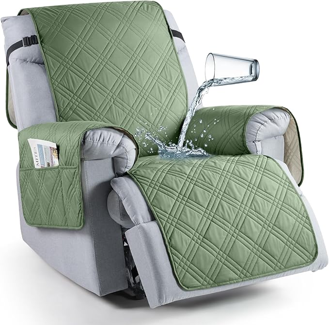 TAOCOCO 100% Waterproof Recliner Chair Cover, Non Slip Recliner Covers for Recliner Chair with Pocket, Washable Reclining Chair Cover Furniture Protector for Kids,Dogs(23.6'', Bean Green)