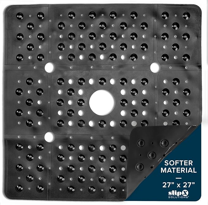 SlipX Solutions 27" Oversize Square Shower Mat, Non-Slip Mat for Elderly & Kids, 100+ Power Grip Suction Cups for Smooth Surfaces, Machine Washable, Black