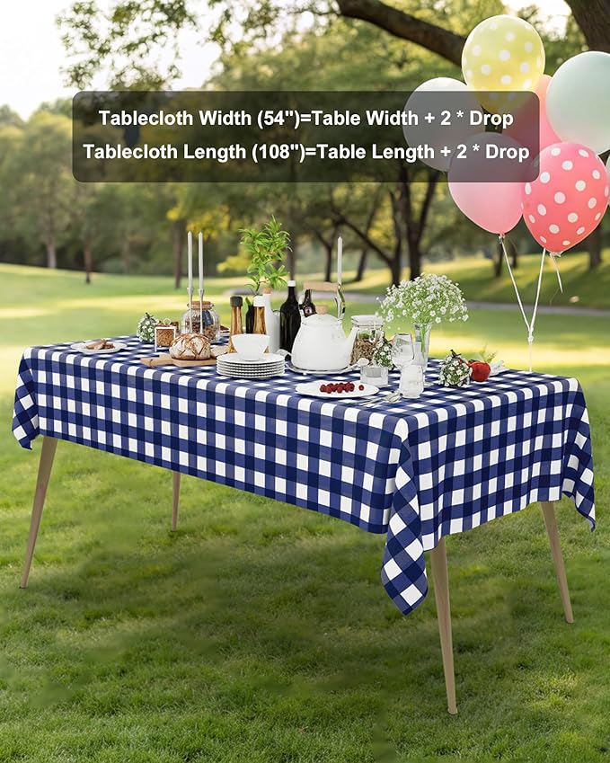 Smiry 8 Packs Gingham Disposable Table Cloth, 54 x 108 Inch Waterproof Plastic Tablecloth, Rectangle Navy and White Checkered Table Covers for Picnic, Birthday, Party