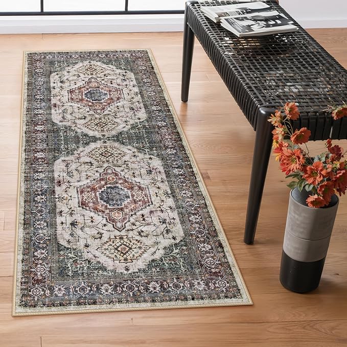 Lahome Oriental Washable Hallway Runner Rug, 2x6 Runners for Hallways Non Slip Ultra-Thin, Vintage Soft Long Carpet for Kitchen Bathroom Bedroom Laundry Room Eleanor,Brown/Grey
